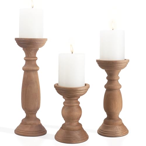 Rustic Wooden Pillar Candle Holders Set of 3