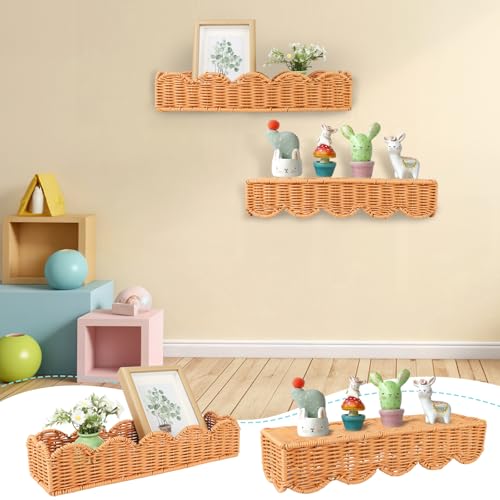 Nursery Book Shelves Scalloped Rattan Wall Shelf 15.8 Inch Wall Mounted Floating Bookshelve for Nursery Room Bedroom