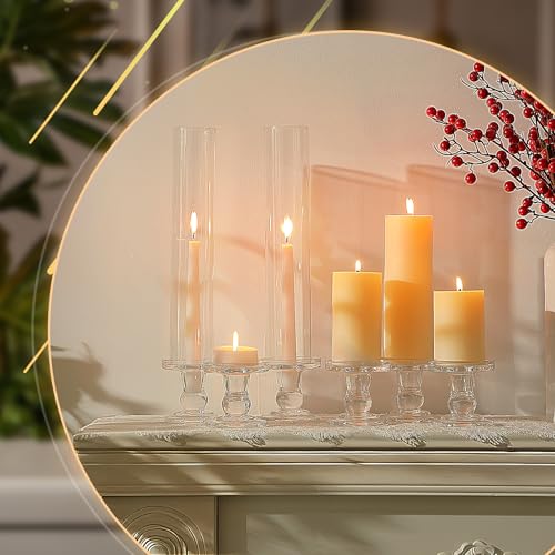 Set Glass Hurricane Pillar Candle Holders Candlestick 12.6"
