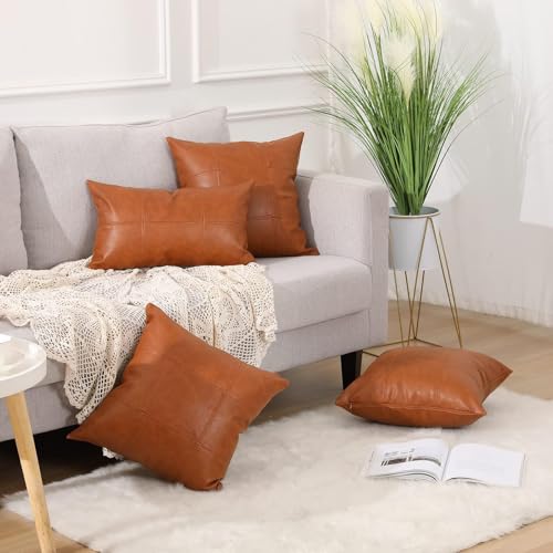 Set of 2 Classic Plaid Faux Leather Decorative Throw Pillow Covers