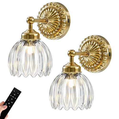 Vintage Battery Operated Wall Sconce with Tulip Glass Lampshade