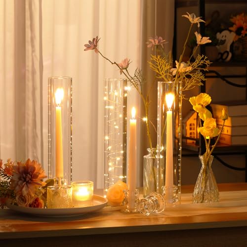 Set Glass Hurricane Pillar Candle Holders Candlestick 12.6"