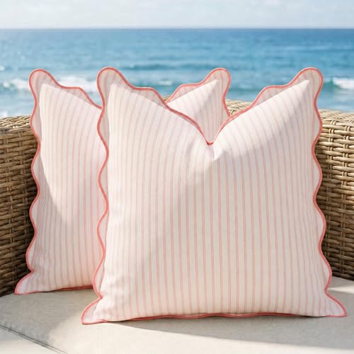 Outdoor Pillow Covers Pack of 2 Striped Scalloped Coastal Farmhouse Water Resistant Throw Pillow Cases Cushion Cover for Patio Decor