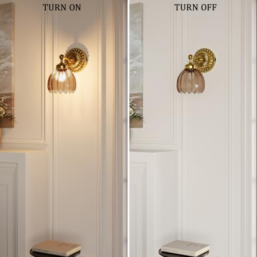 Vintage Battery Operated Wall Sconce with Tulip Glass Lampshade