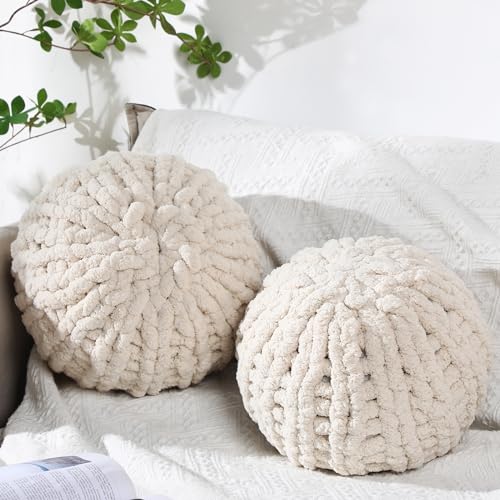 2 Pcs Round Knot Pillows Gift 13.8 Inch Chunky Knitted Throw
