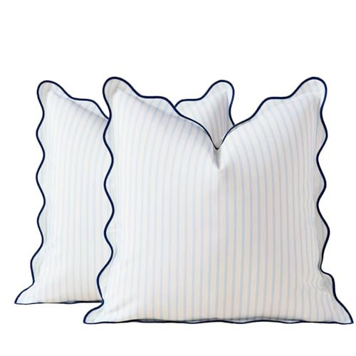 Outdoor Pillow Covers Pack of 2 Striped Scalloped Coastal Farmhouse Water Resistant Throw Pillow Cases Cushion Cover for Patio Decor